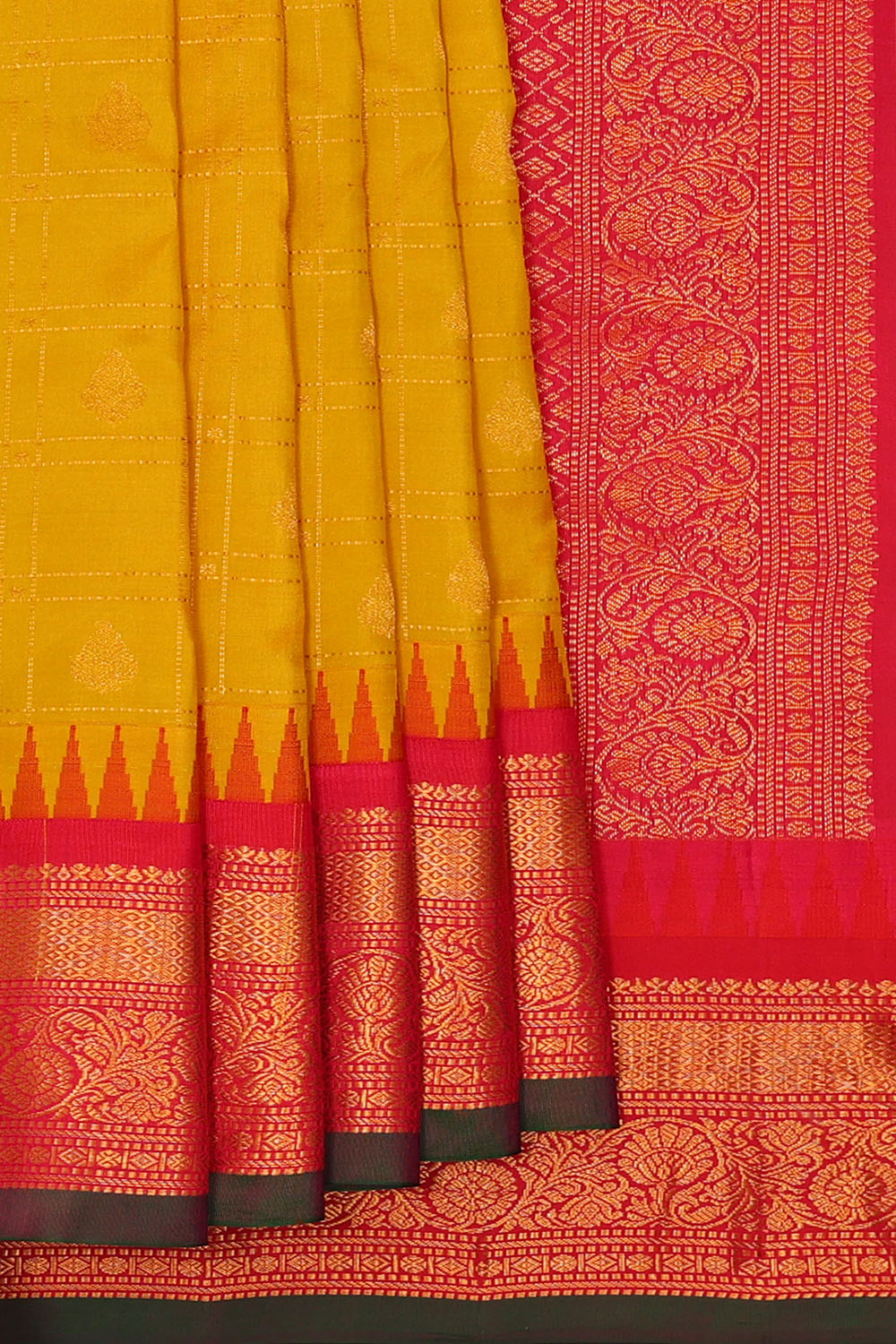 Image of Mustard-Yellow Gadwal Silk Kattam Saree