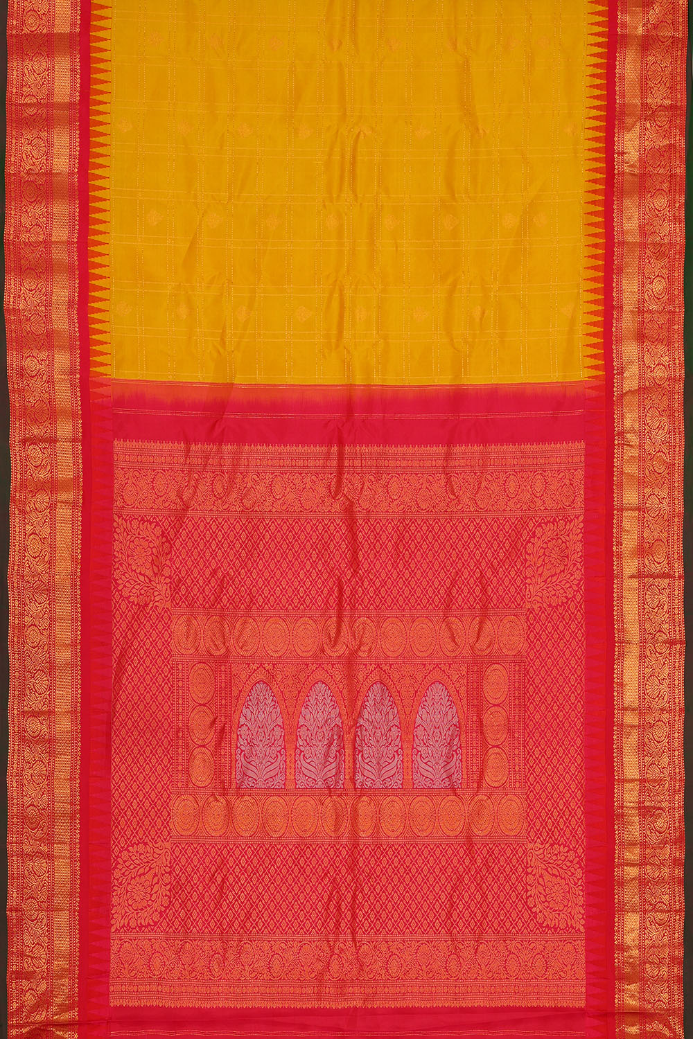 Image of Mustard-Yellow Gadwal Silk Kattam Saree