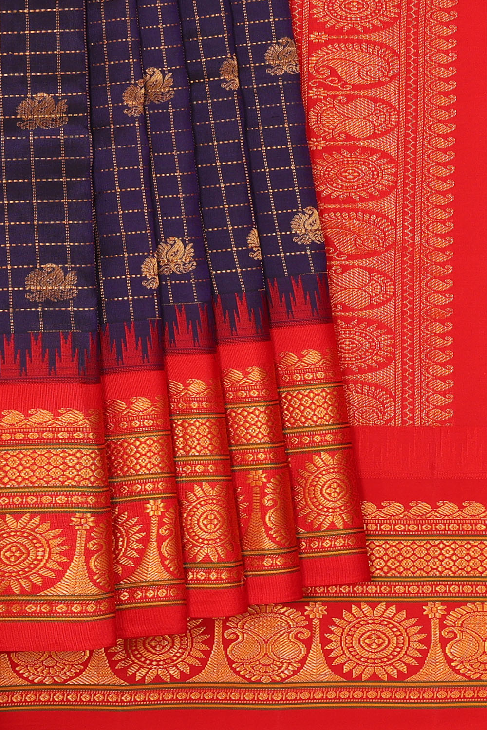 Image of Navy-Blue Gadwal Silk Kattam Saree