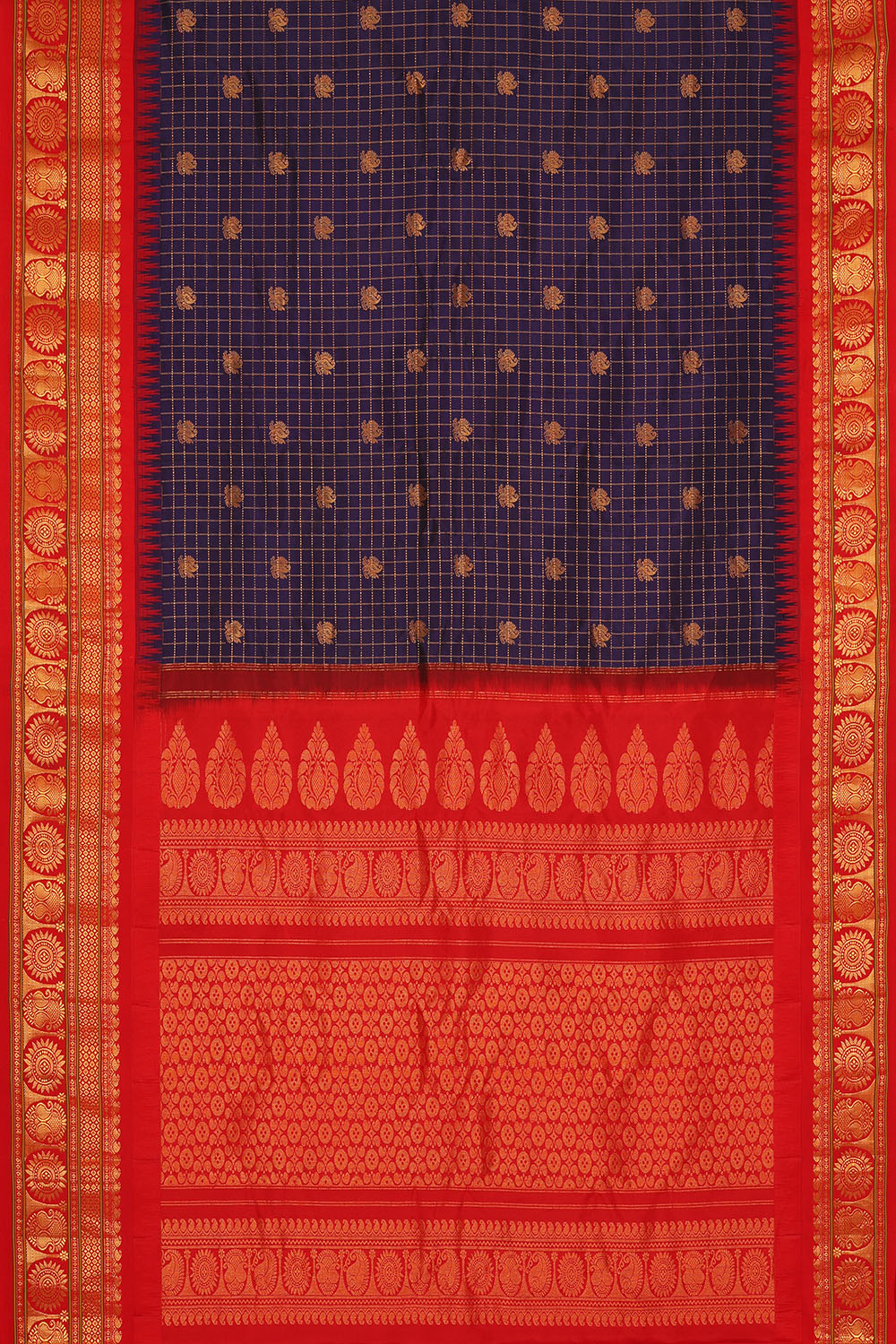 Image of Navy-Blue Gadwal Silk Kattam Saree