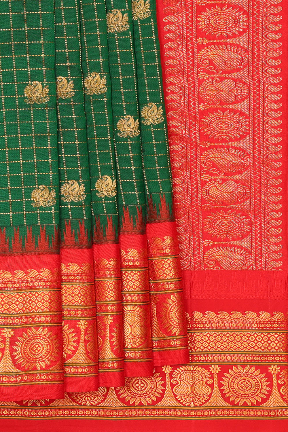 Image of Bottle-Green Gadwal Silk Kattam Saree