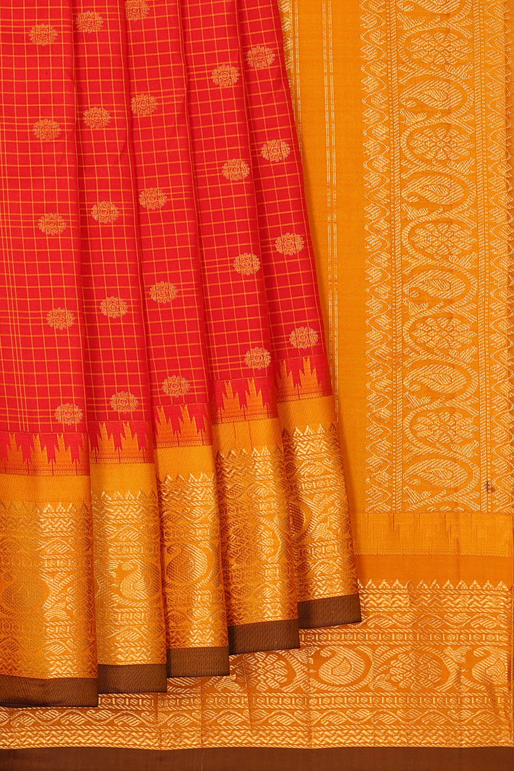 Image of Red Gadwal Silk Kattam Saree