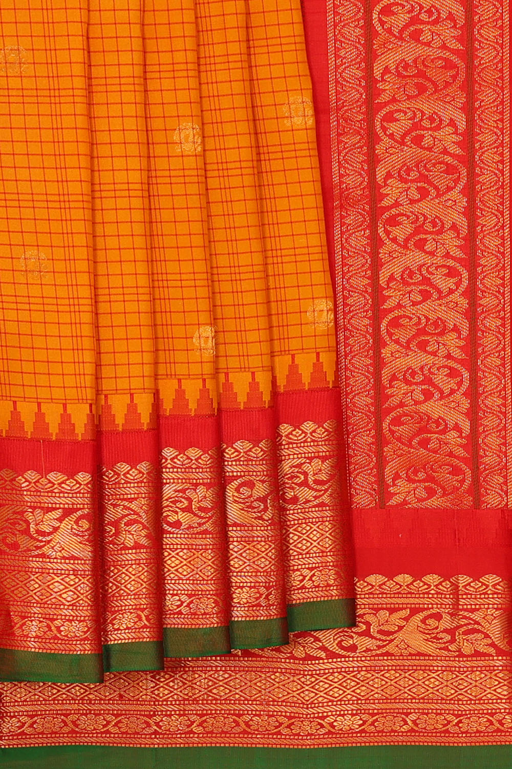 Image of Yellow-Orange Gadwal Kattam Saree