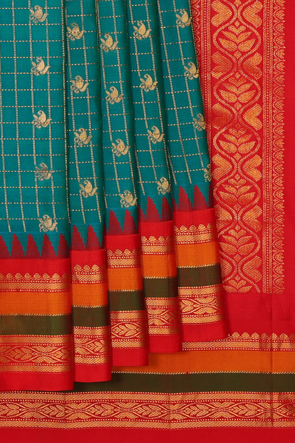 Image of Teal-Blue Gadwal Silk Kattam Saree