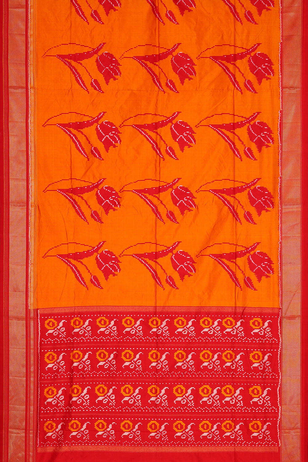 Image of Orange Pochampally Ikat Silk Saree