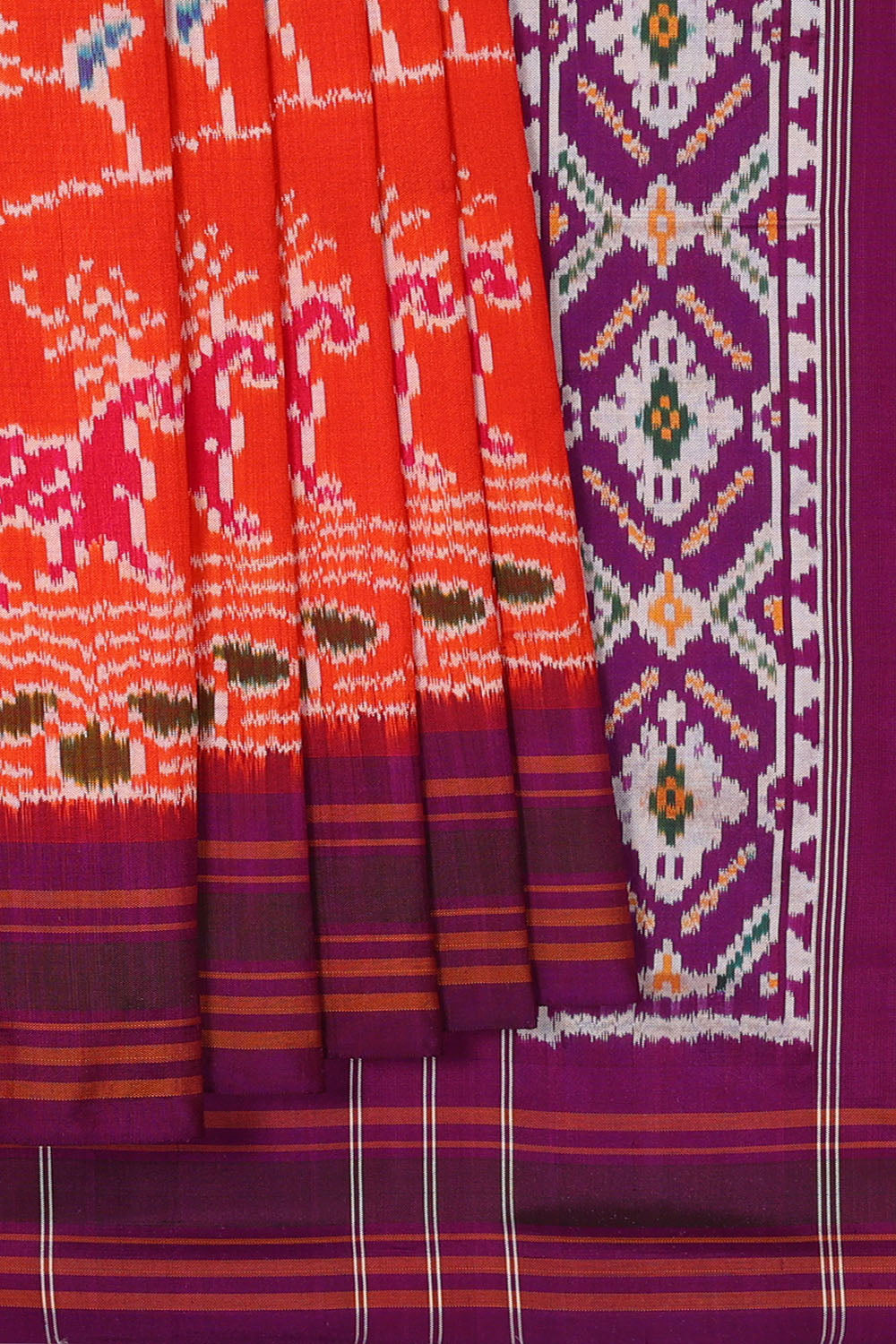 Image of Orange Pochampally Ikat Silk Saree