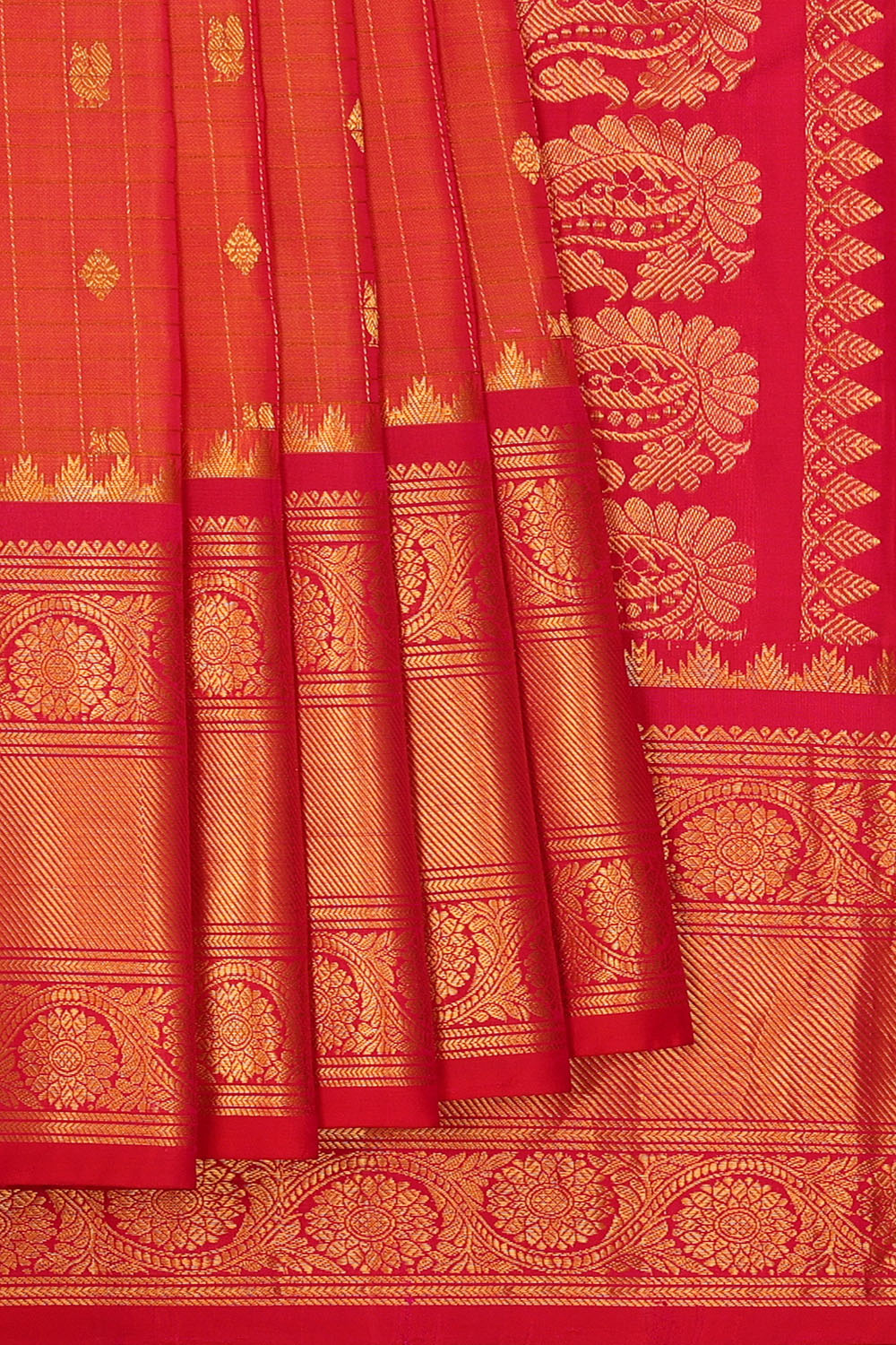 Image of Coral-Orange Gadwal Silk Kattam Saree