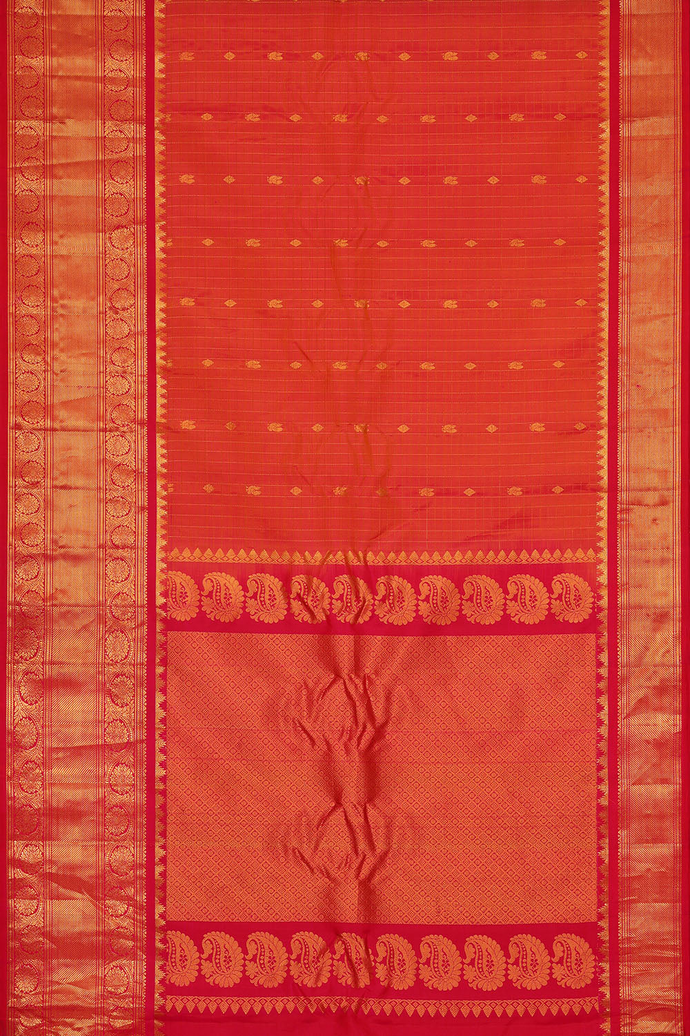 Image of Coral-Orange Gadwal Silk Kattam Saree
