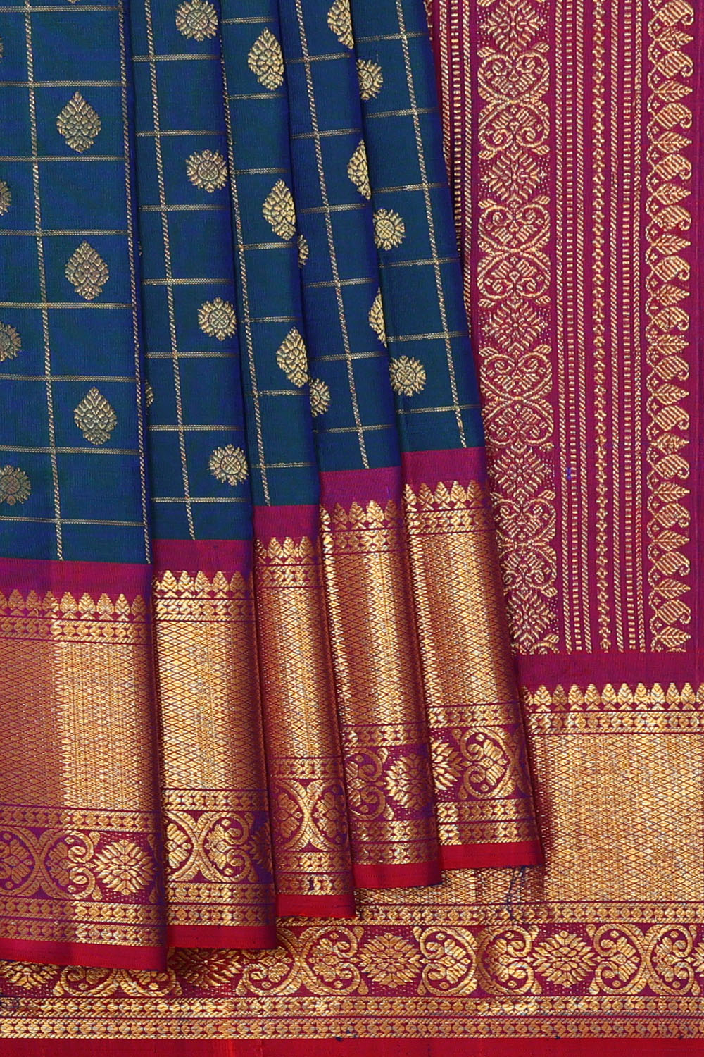 Image of Navy-Blue Gadwal Silk Kattam Saree