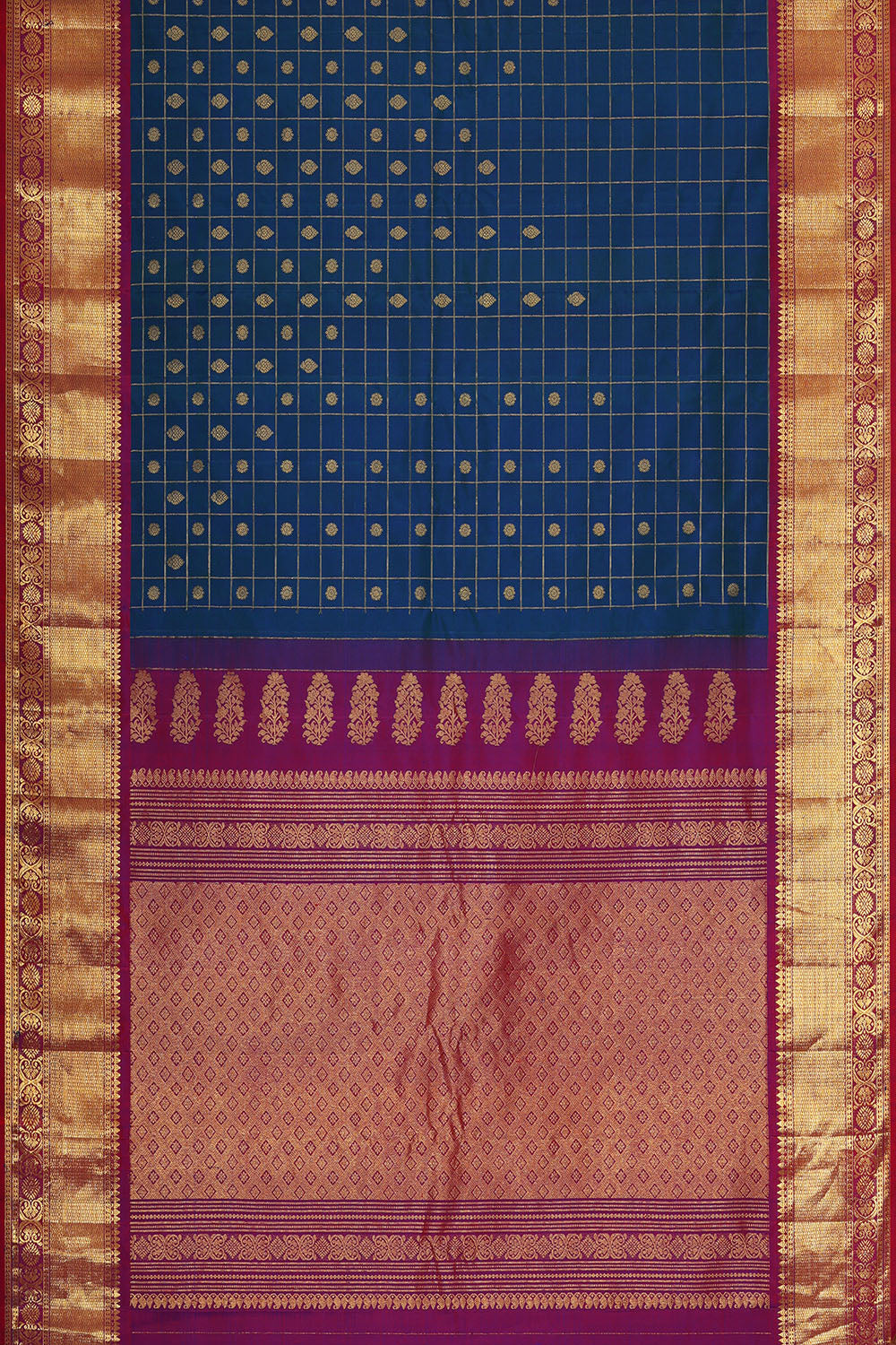 Image of Navy-Blue Gadwal Silk Kattam Saree