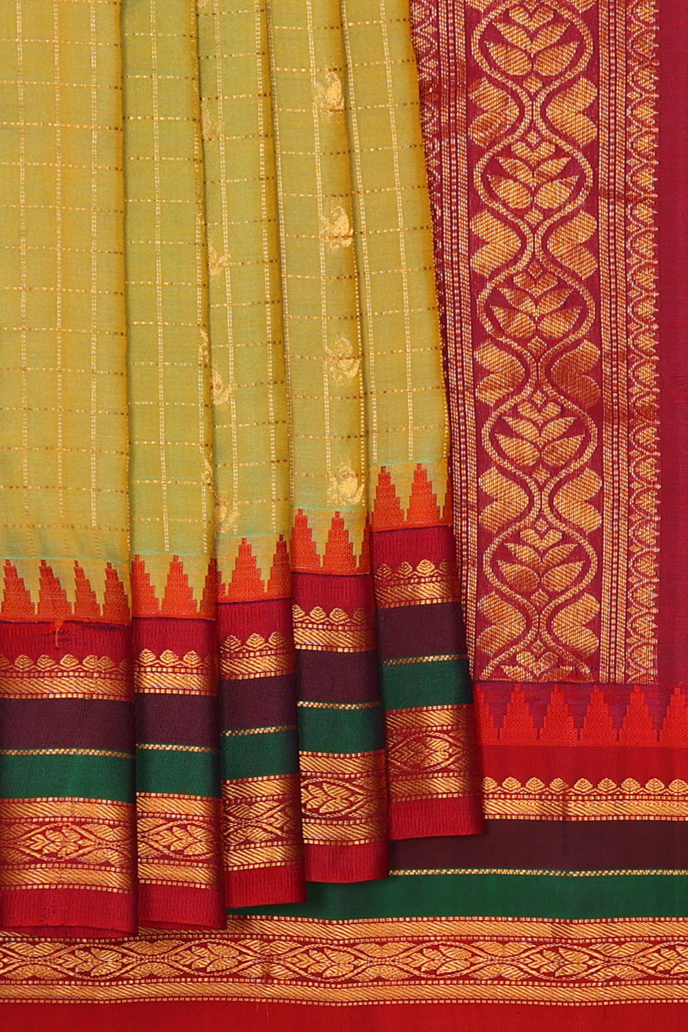 Image of Yellow-Green Gadwal Silk Kattam Saree