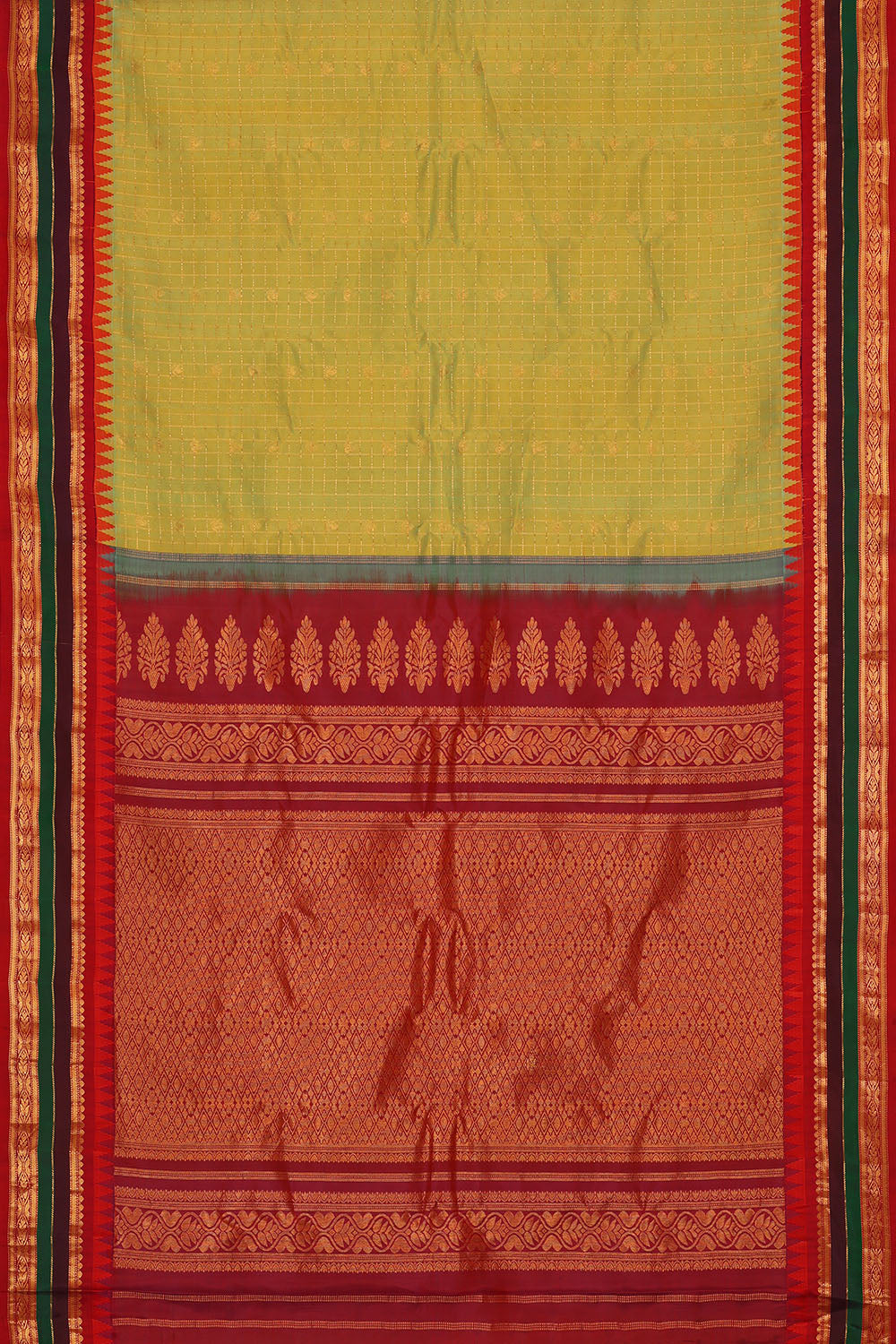 Image of Yellow-Green Gadwal Silk Kattam Saree