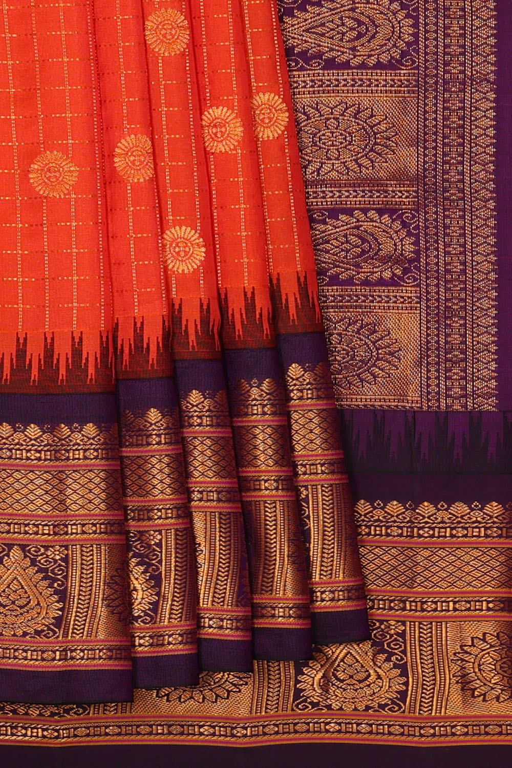 Image of Orange Gadwal Silk Kattam Saree