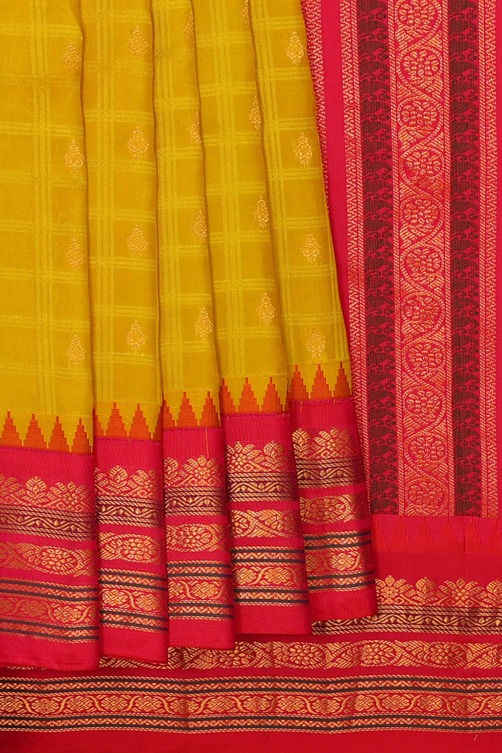 Image of Mustard-Yellow Silk Kattam Saree