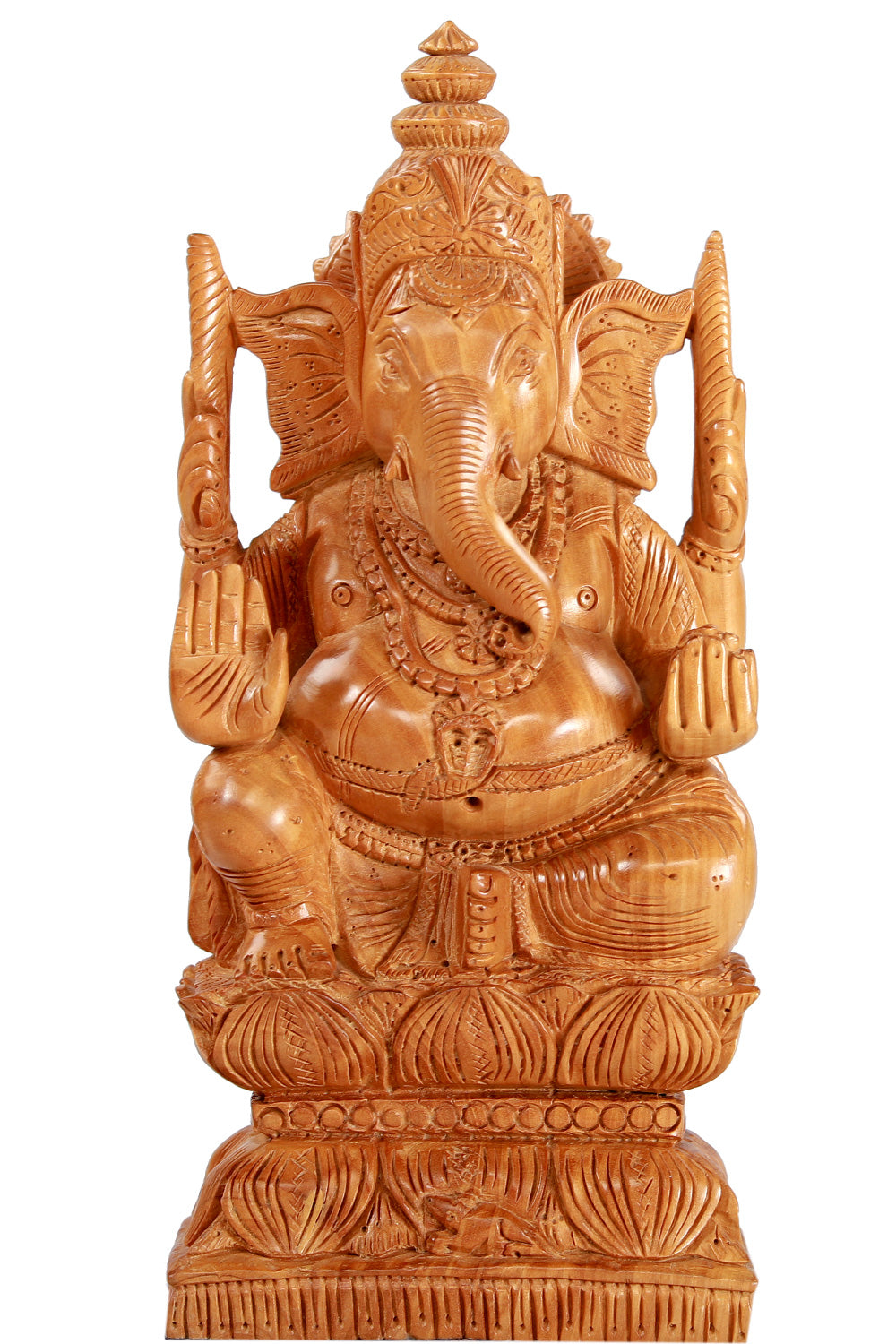 Collection of White Wood Ganesh Sitting on Lotus with four Hands in a gallery layout