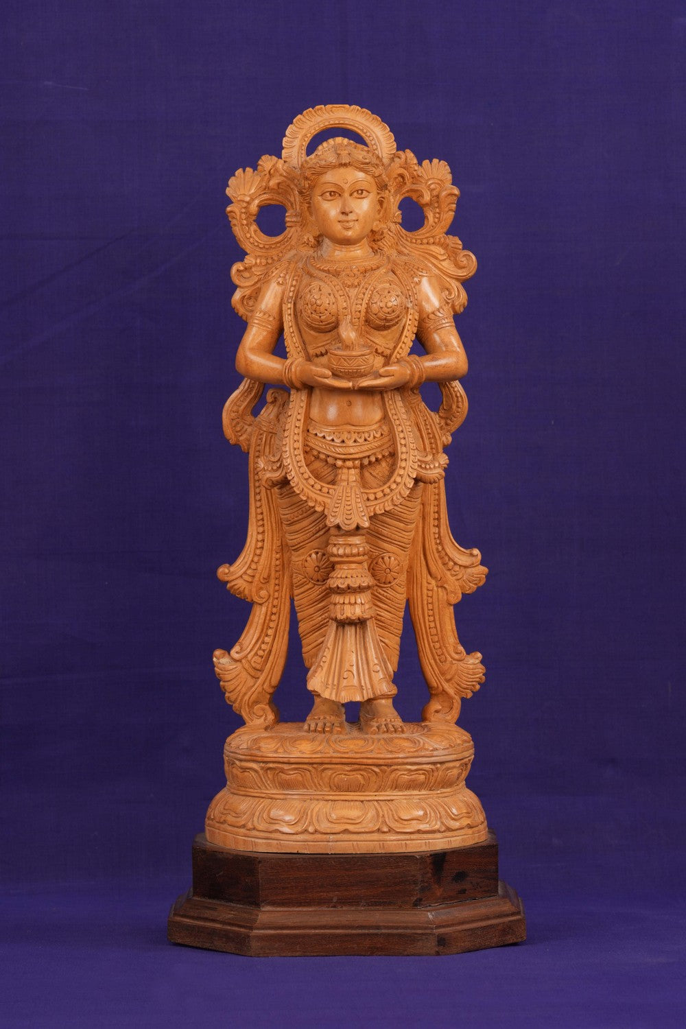 Image of Cedar Wood Carving Deepam Lakshmi Statue