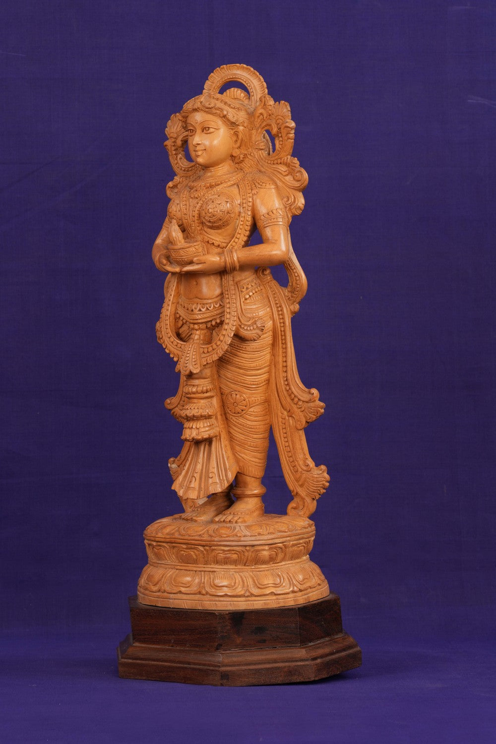 Image of Cedar Wood Carving Deepam Lakshmi Statue