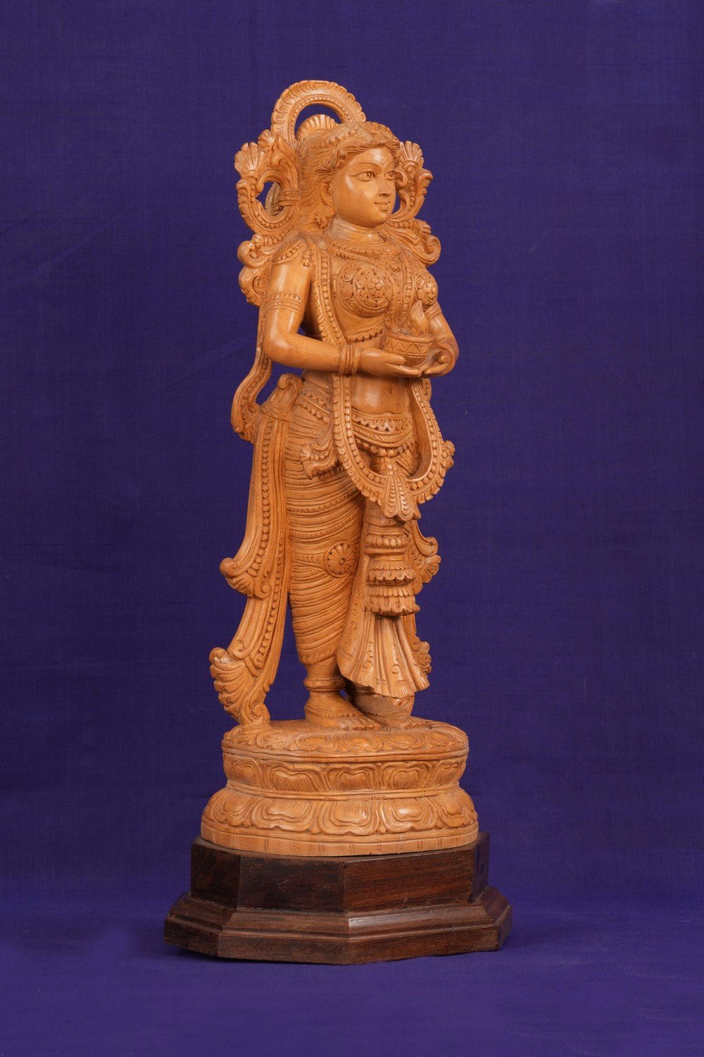 Image of Cedar Wood Carving Deepam Lakshmi Statue