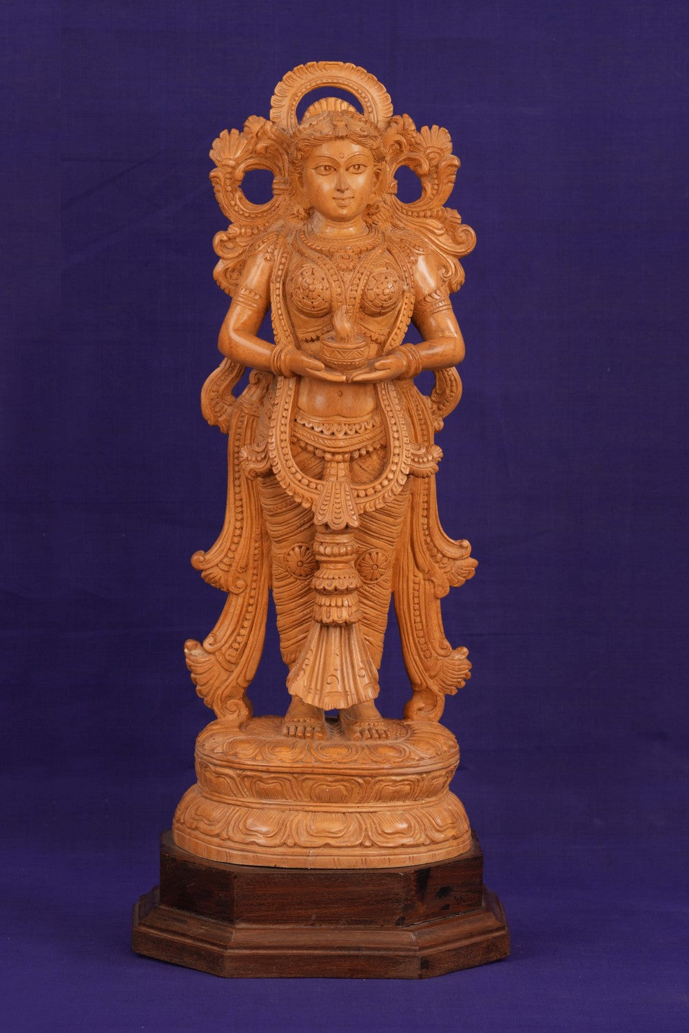 Cedar Wood Carving Deepam Lakshmi Statue