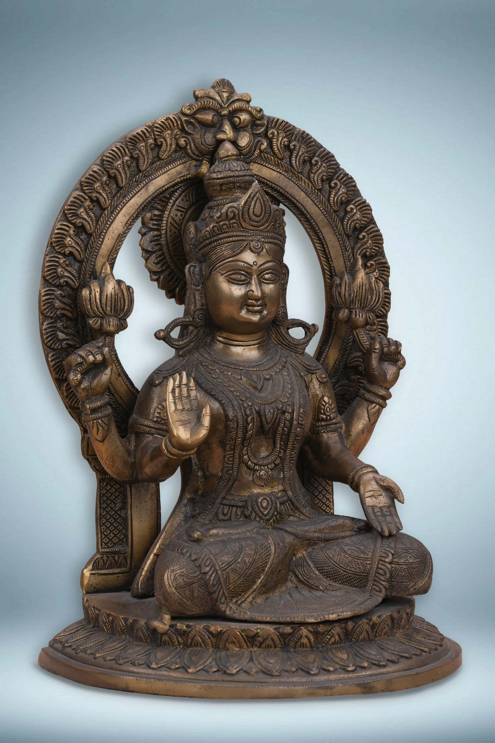 Image of Brass Maa Lakshmi with an antique finish seated on a lotus