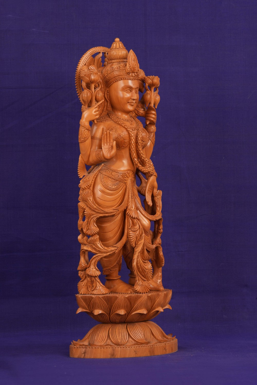 Image of Cedar Wood Carving Goddess Lakshmi Statue
