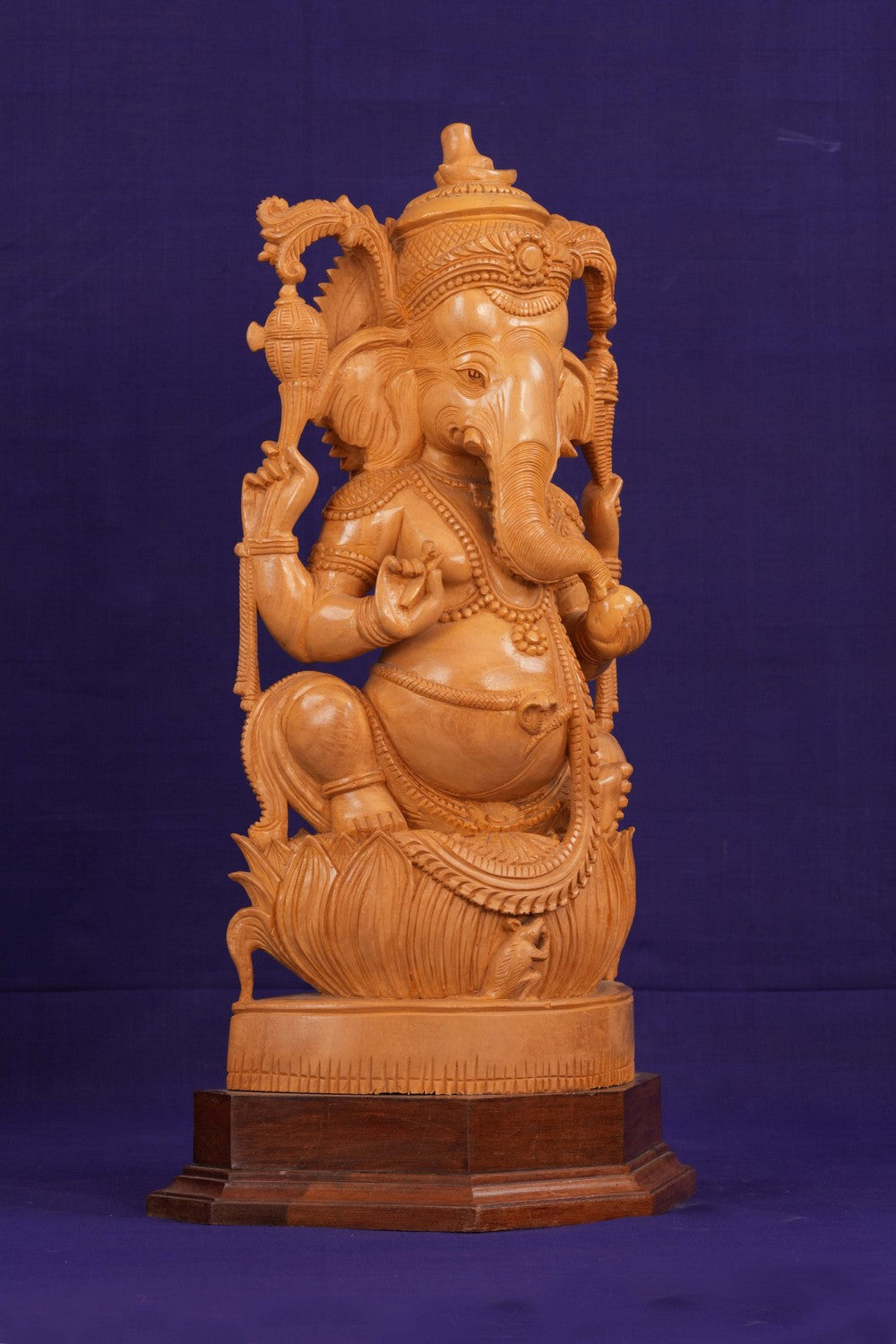 Ganesha Bhagwan Murti Sitting with Moshak on Lotus Flower Base Idol.