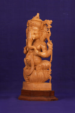 Image of Ganesha Bhagwan Murti Sitting with Moshak on Lotus Flower Base Idol.