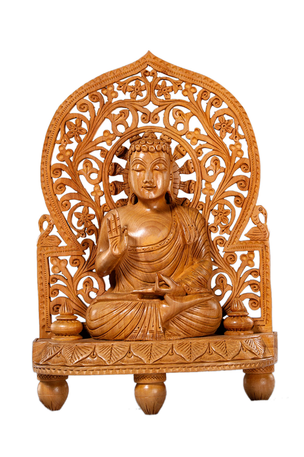 Collection of White Wood Buddha Sitting On Base With Jali Work in a gallery layout