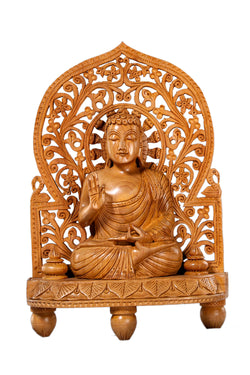 Collection of White Wood Buddha Sitting On Base With Jali Work in a gallery layout