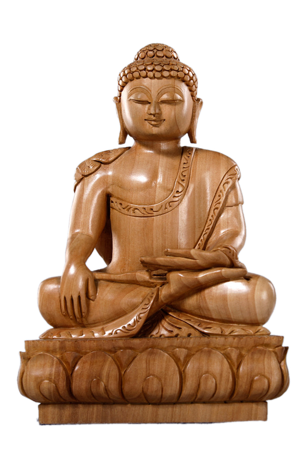 Collection of White Wood Buddha Sitting On Base in a gallery layout