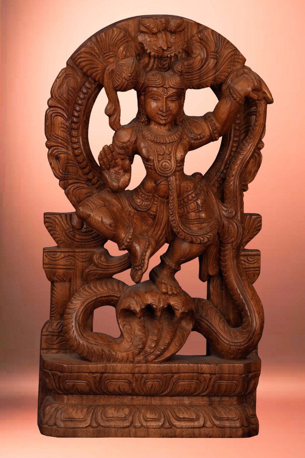 Image of Teak Wood Krishna Idol on Snake