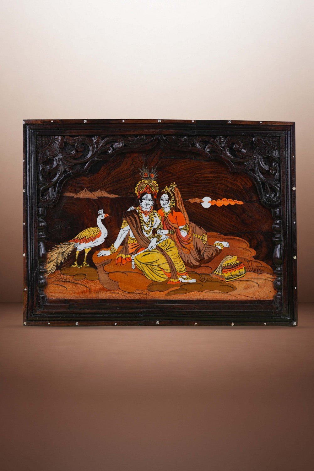 Image of Radha Krishna with panel in rosewood with inlay work