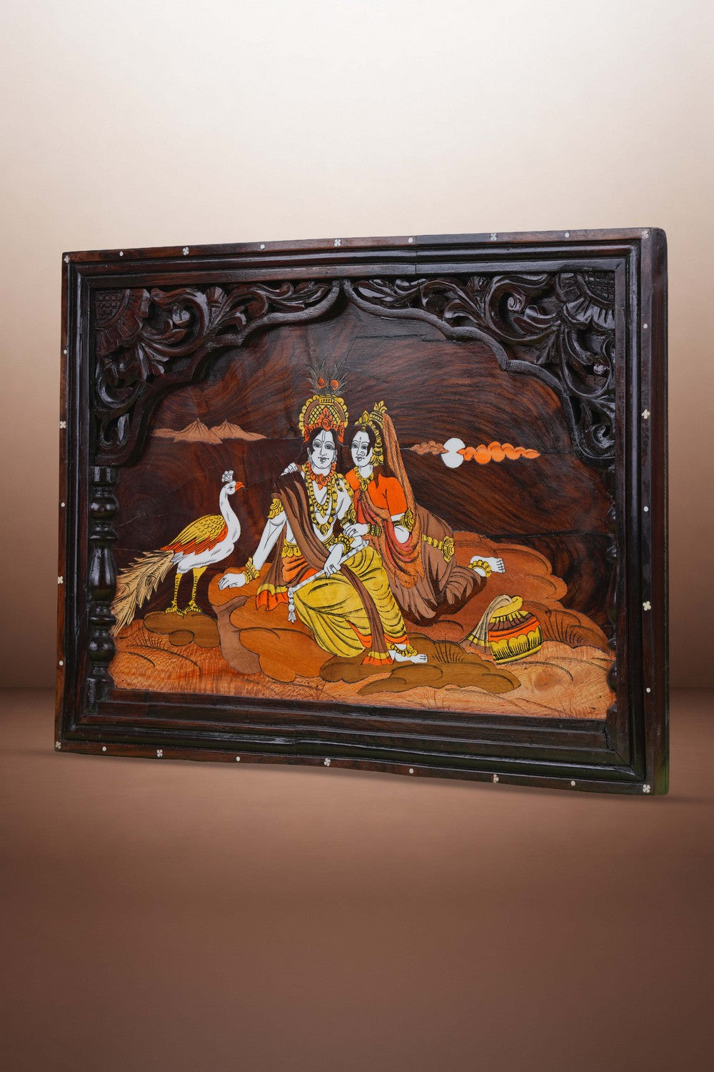 Image of Radha Krishna with panel in rosewood with inlay work
