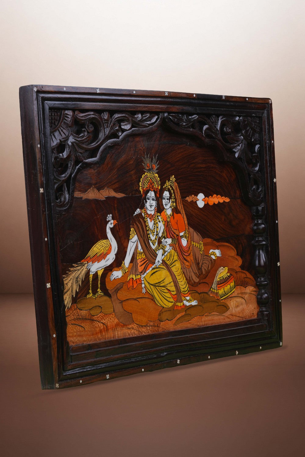 Image of Radha Krishna with panel in rosewood with inlay work