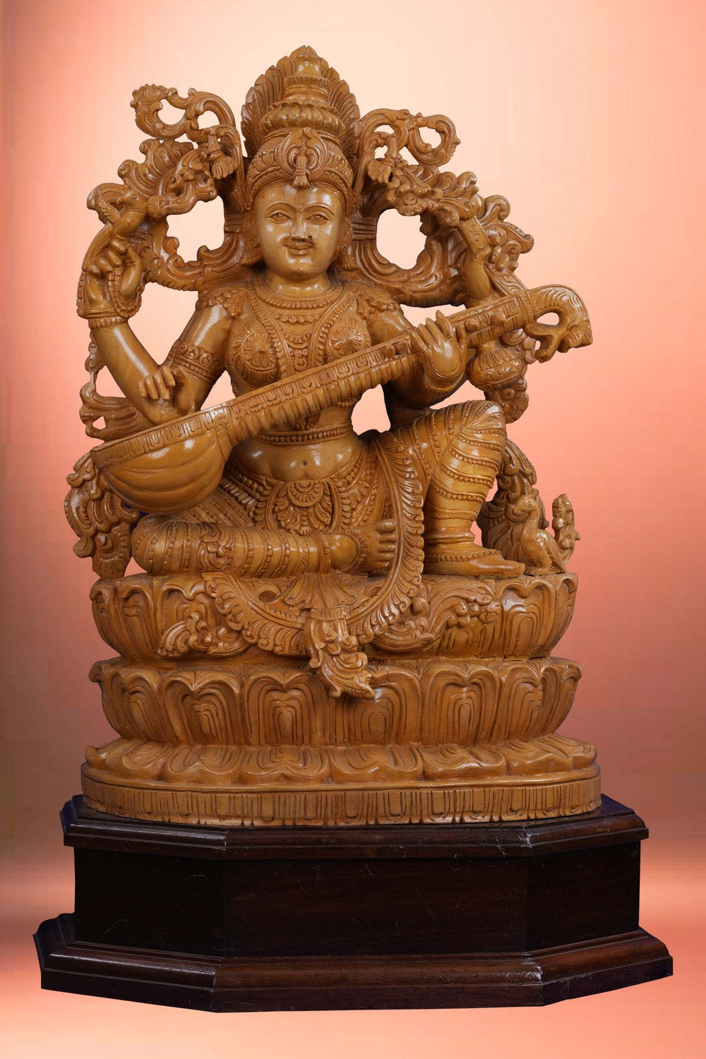 Image of Cedar Wood Carving Goddess Saraswati Statue
