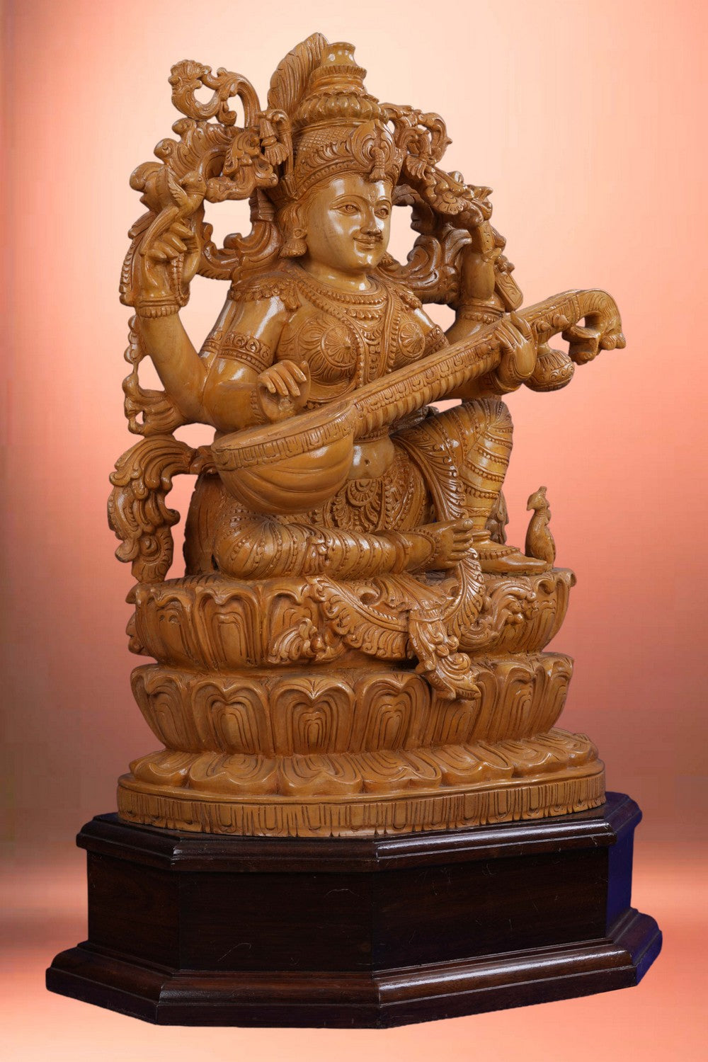 Image of Cedar Wood Carving Goddess Saraswati Statue
