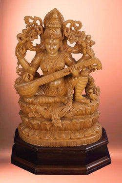 Image of Cedar Wood Carving Goddess Saraswati Statue