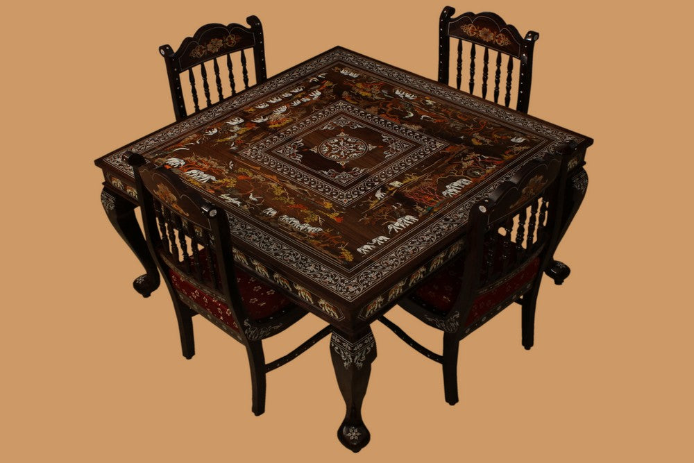 Rosewood Inlay dining table with carved chairs