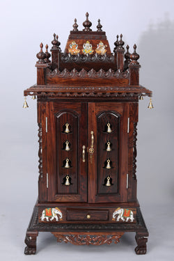 Collection of Rose Wooden Handcrafted Pooja Mandir in a gallery layout