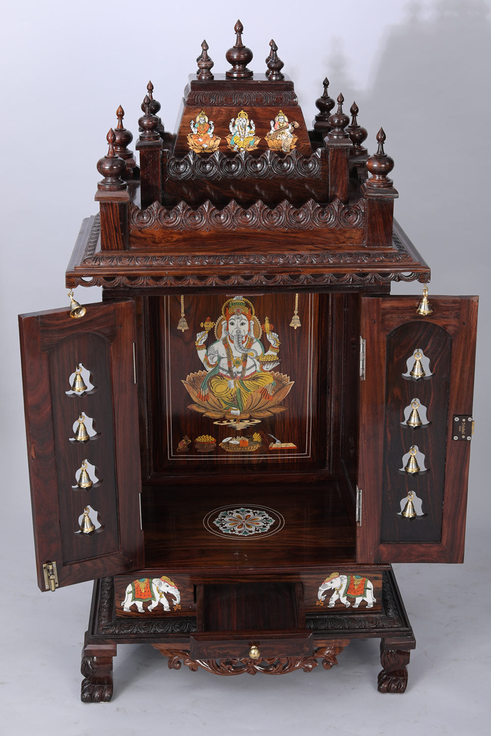 Collection of Rose Wooden Handcrafted Pooja Mandir in a gallery layout