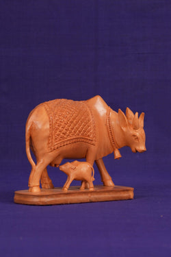 Image of Kamdhenu Cow with Calf Wood statue