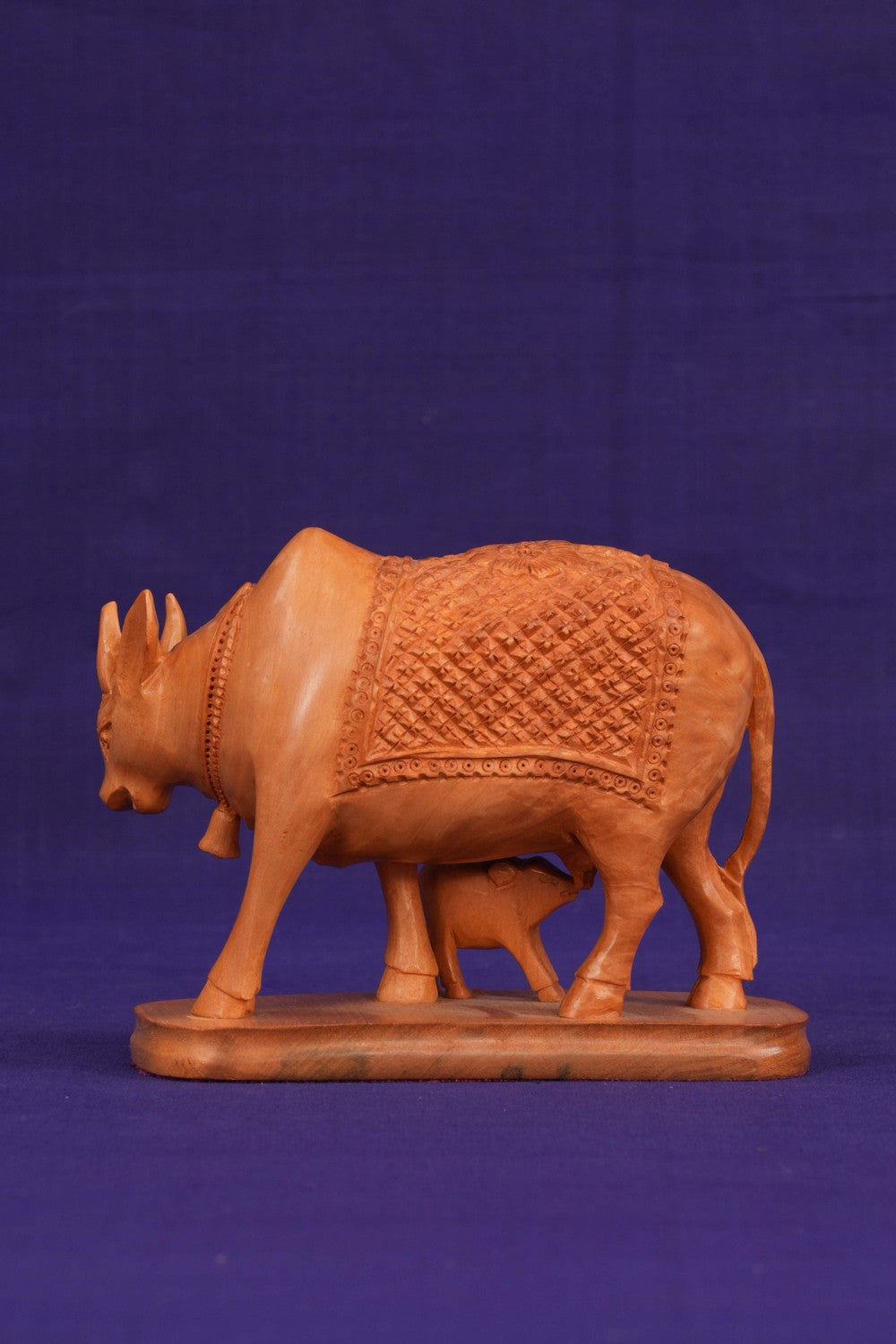 Image of Kamdhenu Cow with Calf Wood statue