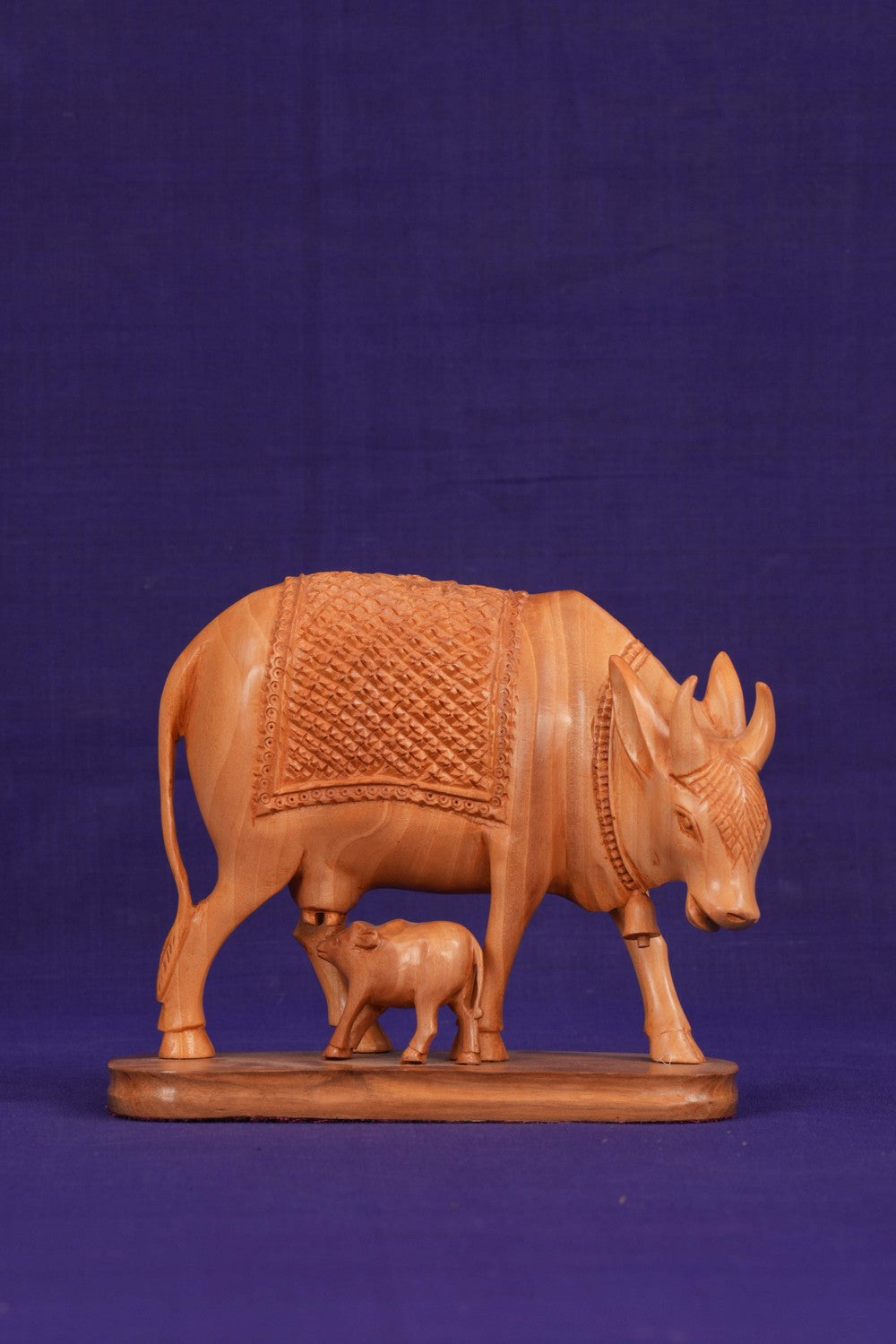 Image of Kamdhenu Cow with Calf Wood statue