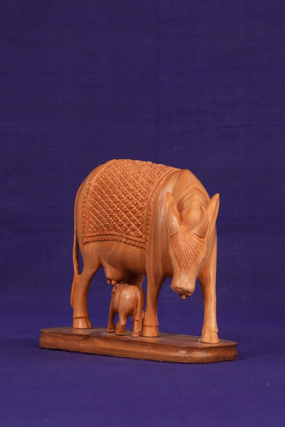 Image of Kamdhenu Cow with Calf Wood statue