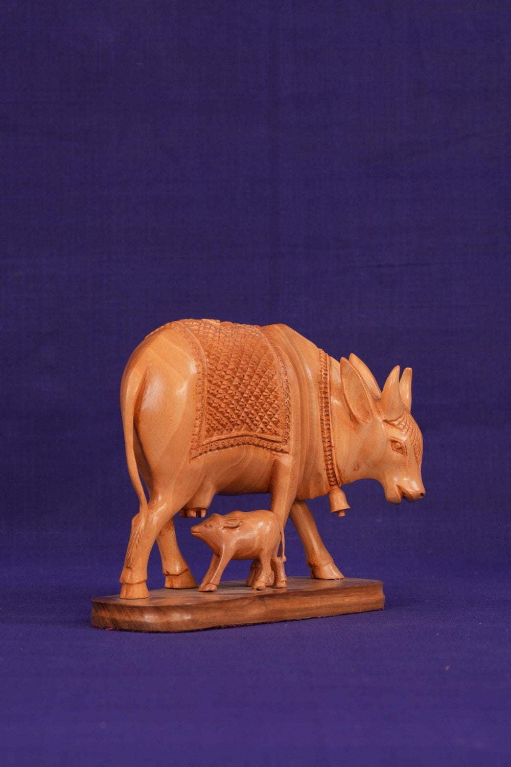 Image of Kamdhenu Cow with Calf Wood statue