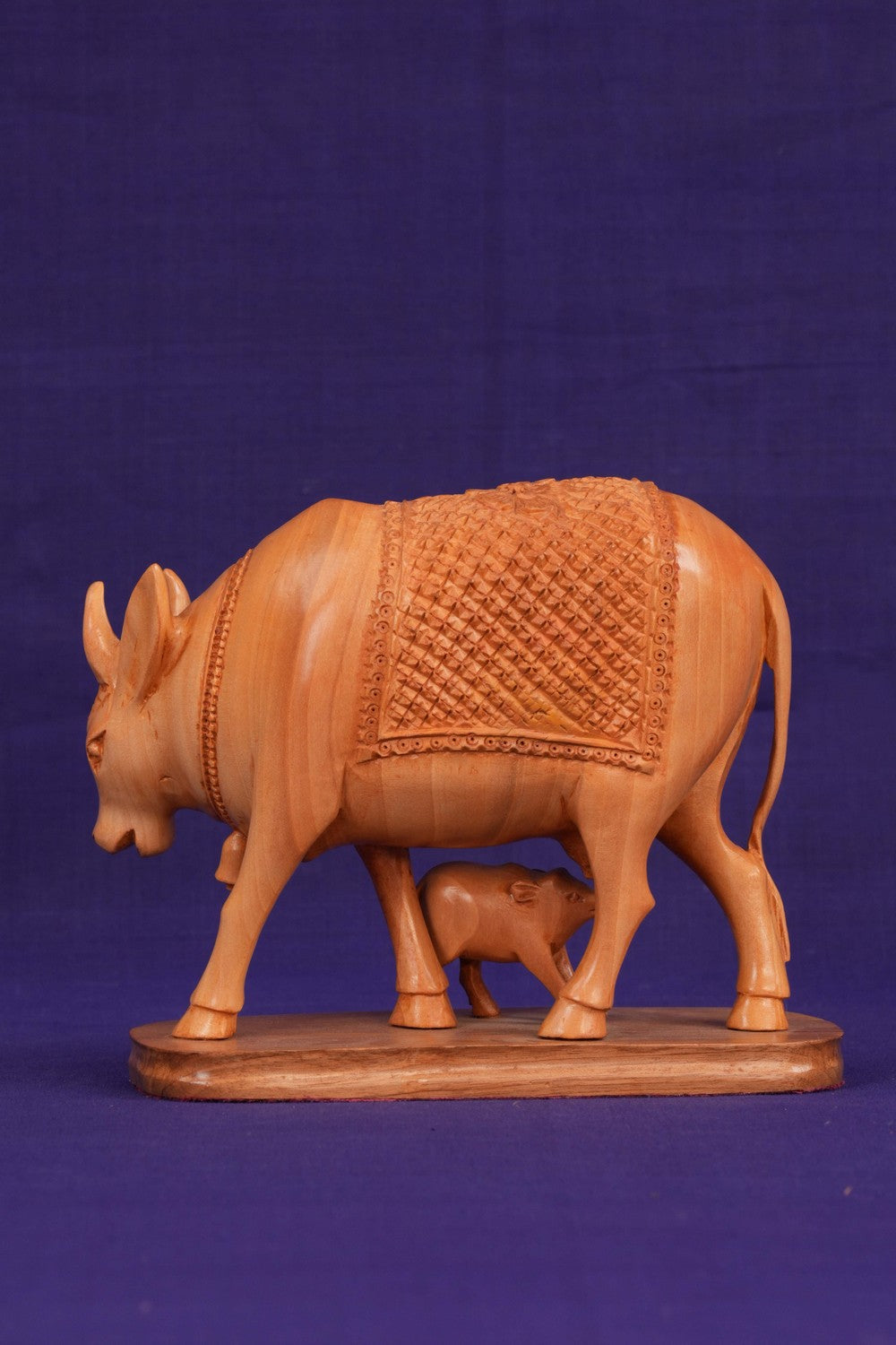 Kamdhenu Cow with Calf Wood statue