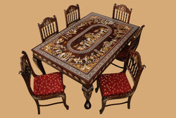 Collection of Rosewood Inlay dining table with 6 carved chairs in a gallery layout