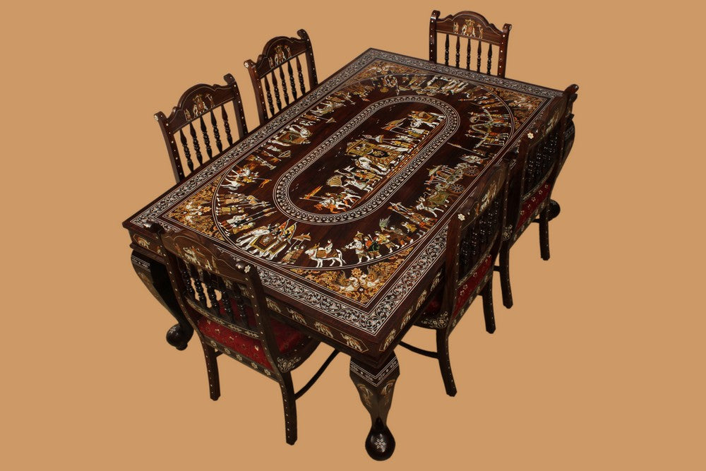 Collection of Rosewood Inlay dining table with 6 carved chairs in a gallery layout