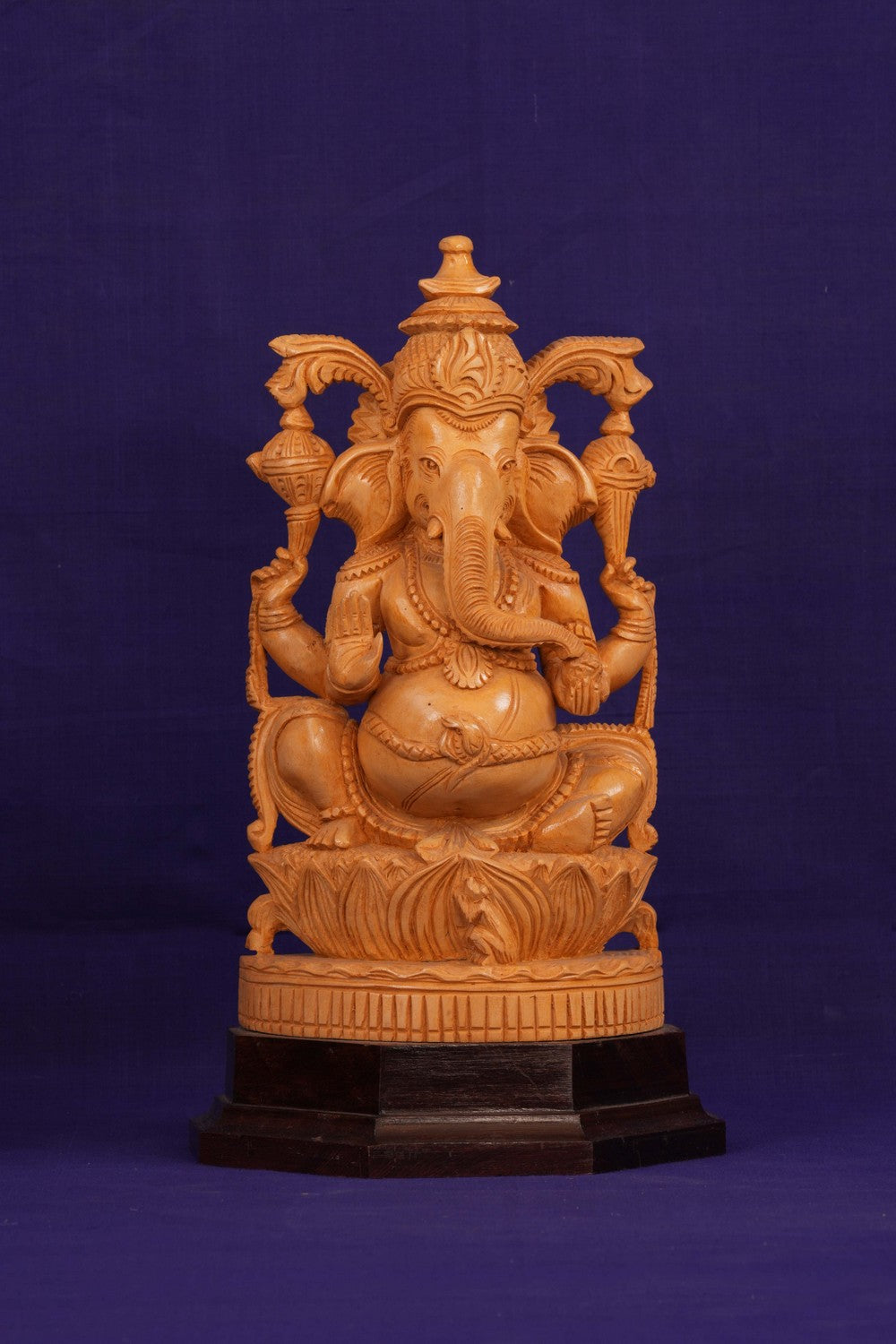 Image of Ganesha Bhagwan Murti Sitting with Moshak on Lotus Flower Base Idol.