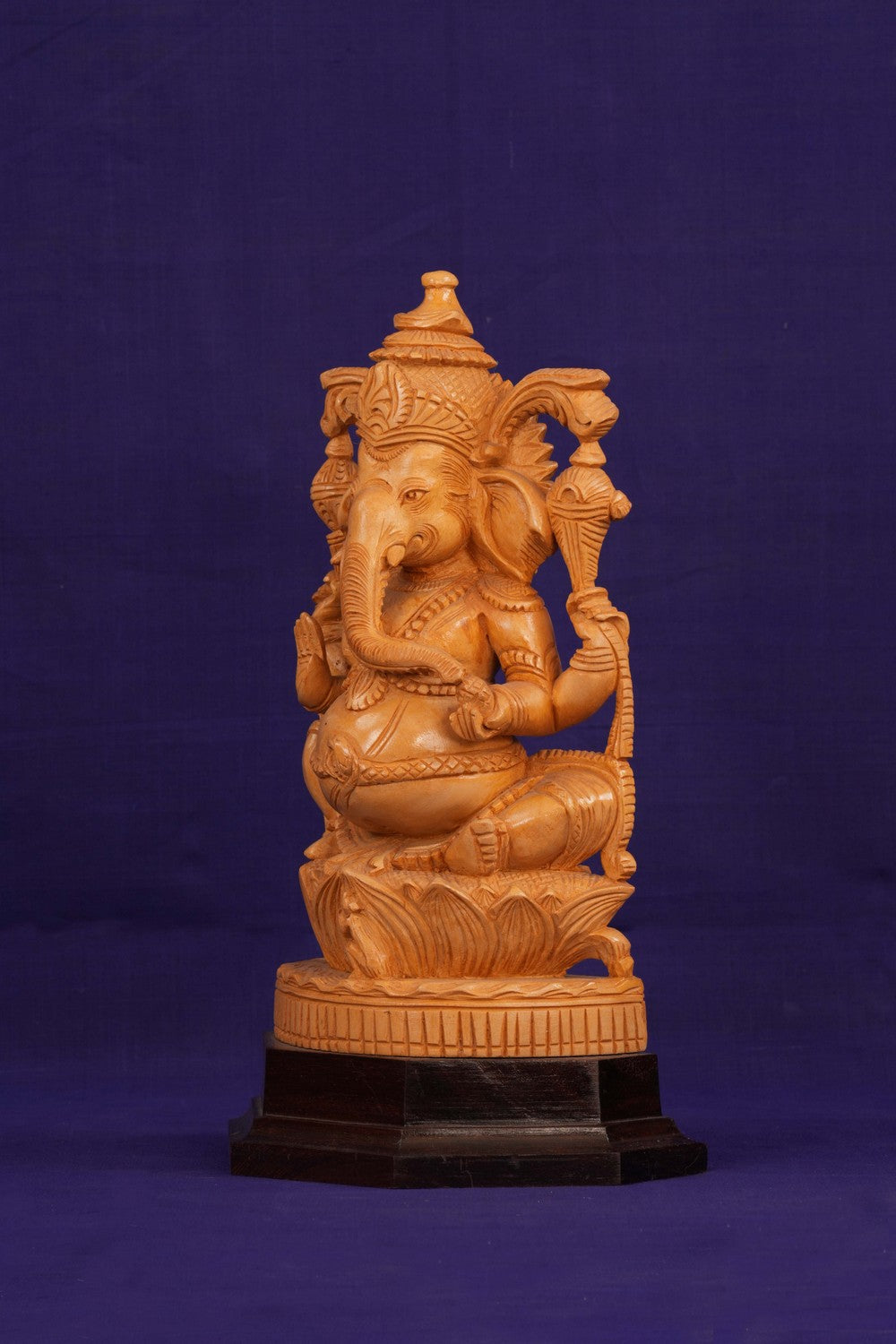 Ganesha Bhagwan Murti Sitting with Moshak on Lotus Flower Base Idol.